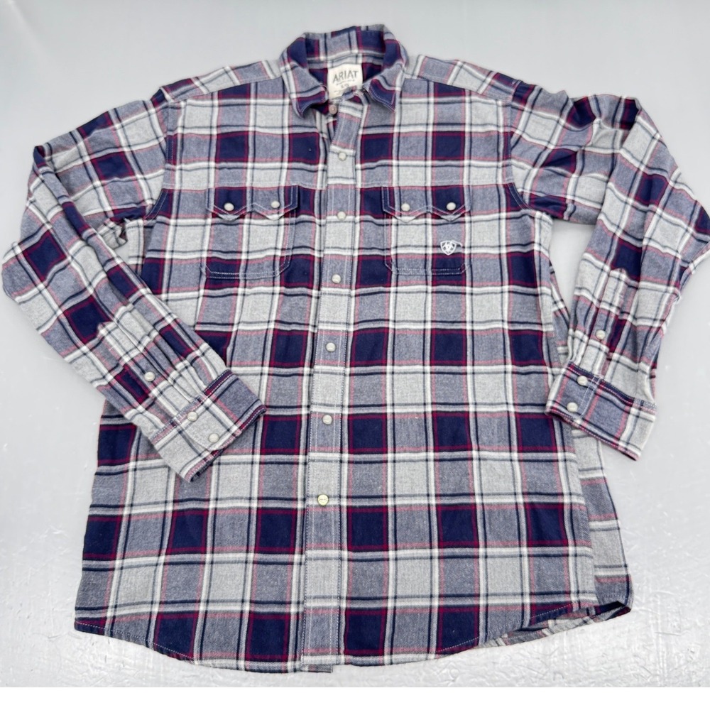 Ariat Mens Retro Fit Plaid Pearl Snap Western Flannel Shirt Navy Grey Large